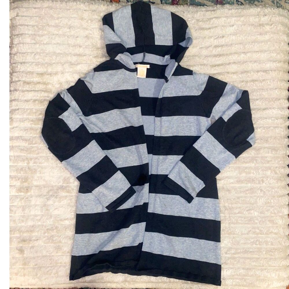 Sweet Romeo Striped Hooded Cardigan Medium M Open Front Elbow Patches Grey Black